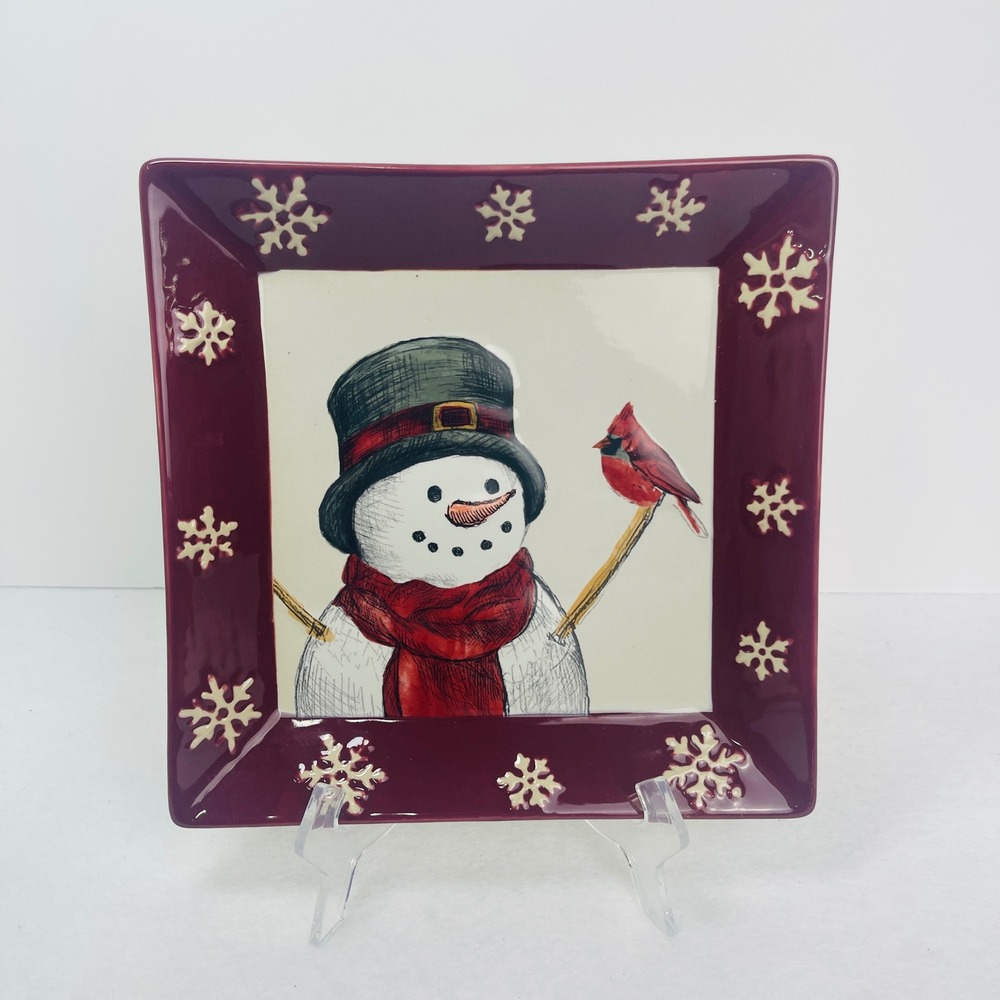 St. Nicholas Square Yuletide Snowman Cardinal Square Salad Plate Burgundy 8.25"